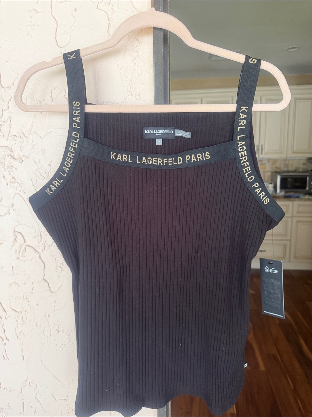 Karl Lagerfeld Black Ribbed Logo Strap Camisole
